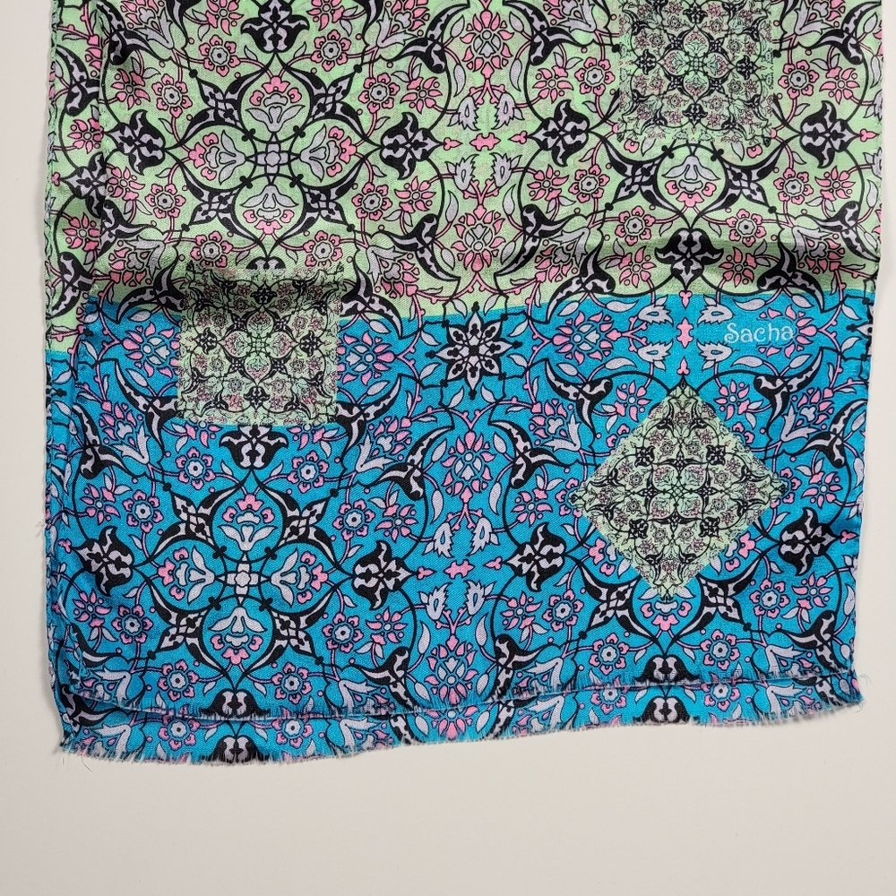 Beautiful Sacha Paisley Print Vintage Silk Scarf Jewel Tone Florals 48" X 9.5"